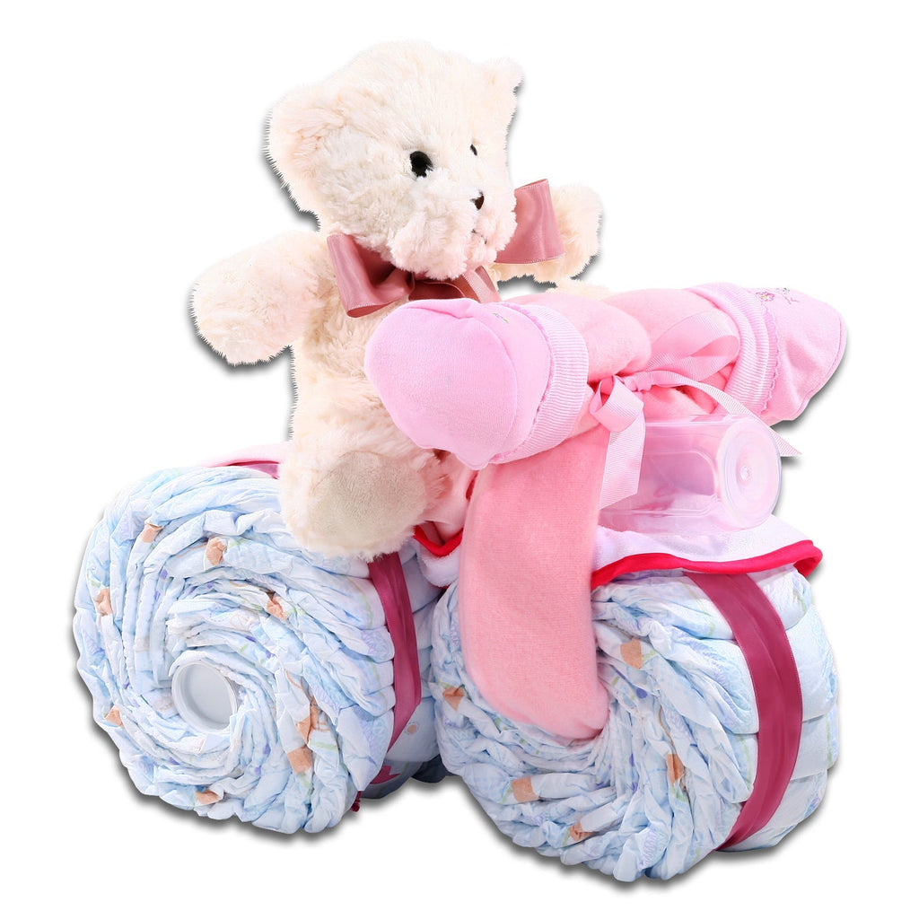Pink Tricycle Diaper Cake Baby Gift Basket