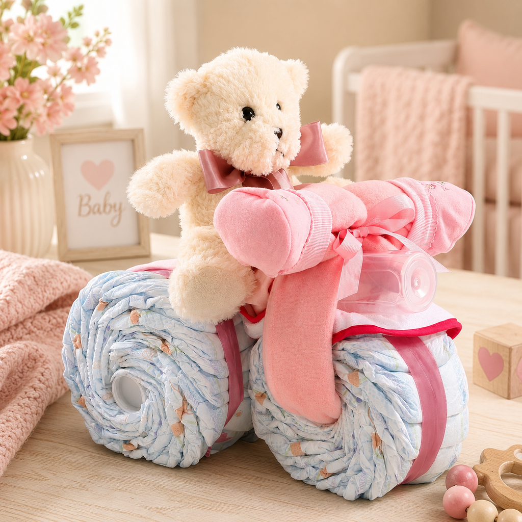 Pink Tricycle Diaper Cake Baby Gift Basket
